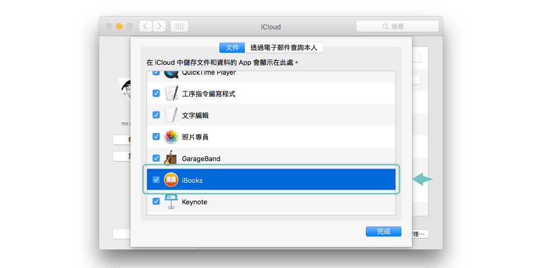 進入 iCloud Drive 管理頁面後，請點擊勾選 iBook 同步；勾選後再點擊 ［完成］即可。